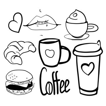 Set of coffee break drawings, fragrant morning coffee for breakfast, vector graphic drawings
