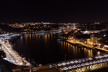 Fototapeta na wymiar Panoramic view of the city of Porto and Vila Nova de Gaia at night with the river Douro and the bridge Dom Luis between the two cities, Porto, northern Portugal