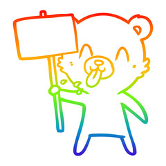 rainbow gradient line drawing rude cartoon bear with protest sign