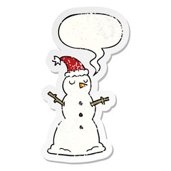 cartoon snowman and speech bubble distressed sticker