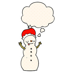 cartoon christmas snowman and thought bubble in comic book style