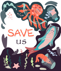 A poster containing a call to save ocean and sea dewells from plastic waste and garbage with shark entangled in a plastic bag, flat vector illustration. Fighting for ecology and reducing the use of pl