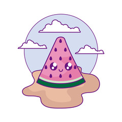 slice of watermelon fruit kawaii in the beach