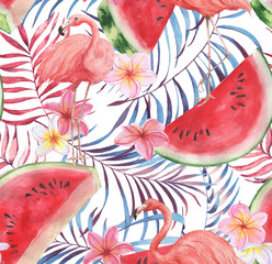 Hand drawn watercolor seamless pattern with pink flamingo, watermelon and exotic plants. Repeat background illustration