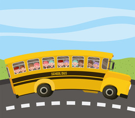 Fototapeta na wymiar school bus with kids in the road