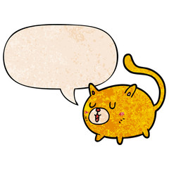 cartoon happy cat and speech bubble in retro texture style