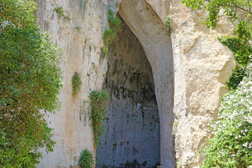 Limestone cave Ear of Dionysius (Orecchio di Dionisio) a cave with acoustics effects inside, Syracuse (Siracusa), Sicily, Italy
