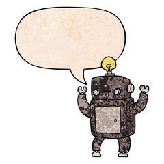 cartoon happy robot and speech bubble in retro texture style