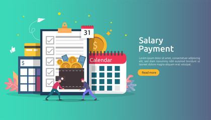 Payroll income concept. salary payment annual bonus. payout with paper, calculator, and people character. web landing page template, banner, presentation, social, and print media. Vector illustration