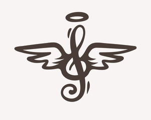 Treble clef with wings and nimbus. Idea for tattoo or logo. Contour silhouette sketch. Eps10 vector illustration.
