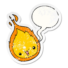 cute cartoon flame and speech bubble distressed sticker