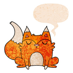 cartoon fox and speech bubble in retro textured style
