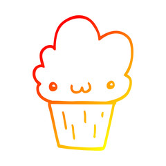 warm gradient line drawing cartoon cupcake with face