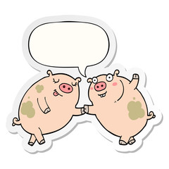 cartoon pigs dancing and speech bubble sticker