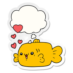 cute cartoon fish with love hearts and thought bubble as a printed sticker