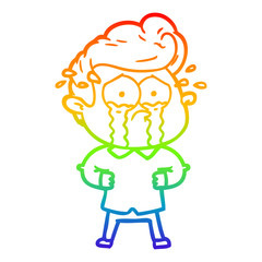 rainbow gradient line drawing cartoon crying man with hands on hips