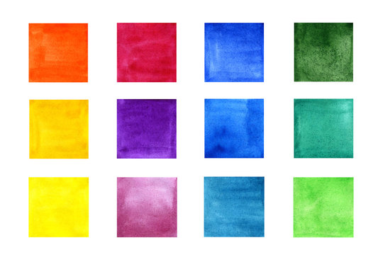 Set of color watercolor squares on a white background. Hand drawing.