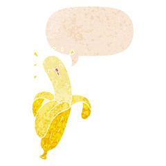 cartoon banana and speech bubble in retro textured style