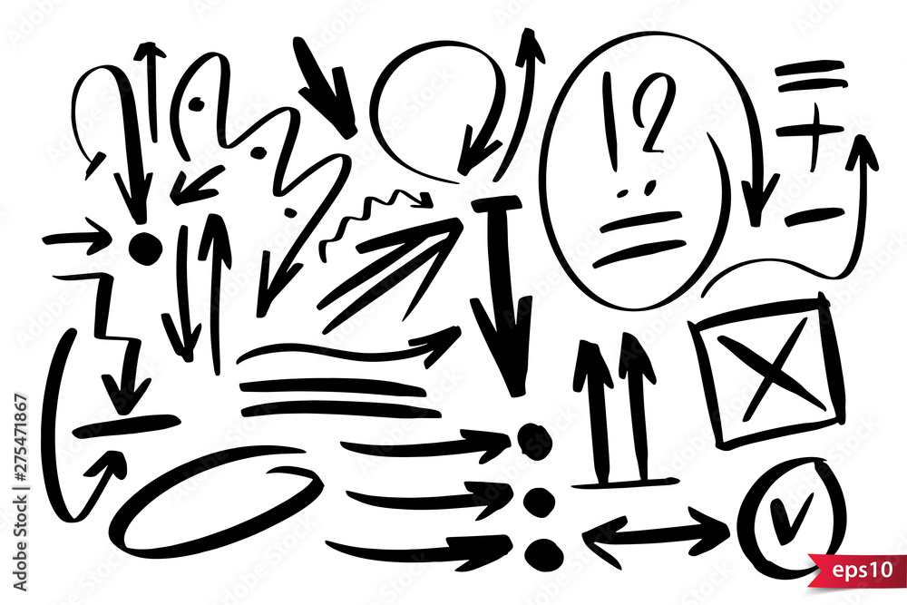 Poster vector hand drawn design elements. ink brush drawn notes and marks. set of artistic elements such as
