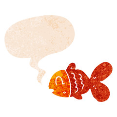cartoon fish and speech bubble in retro textured style