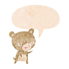 cartoon bear and speech bubble in retro textured style