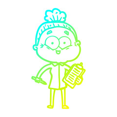 cold gradient line drawing cartoon happy old woman