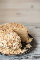 Slice Confectionery Napoleon Cake. Portion of Custard Cream Dessert copy space. Crumbs Around Plate. Bakery Tasty Sweet Dish Closeup
