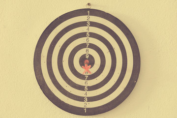 Close up shot of the dart arrow hit on bulleyes of dartboard to represent that the business reached...