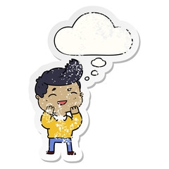 cartoon man laughing and thought bubble as a distressed worn sticker