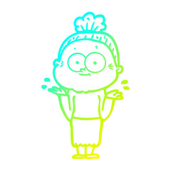 cold gradient line drawing cartoon happy old woman
