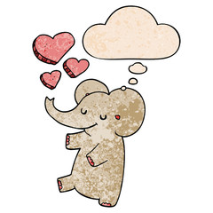 cartoon elephant with love hearts and thought bubble in grunge texture pattern style