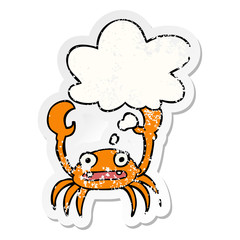 cartoon crab and thought bubble as a distressed worn sticker
