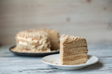 Slice Confectionery Napoleon Cake. Portion of Custard Cream Dessert copy space. Crumbs Around Plate. Bakery Tasty Sweet Dish Closeup