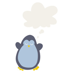 cartoon penguin and thought bubble in retro style