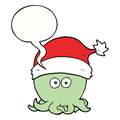 cartoon octopus wearing christmas hat and speech bubble