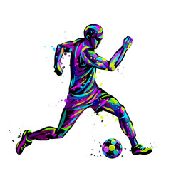 Footballer with the ball. Abstract, graphic, multi-colored image of a football player on a white background in pop art style with watercolor splashes.