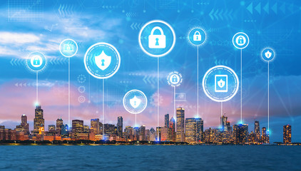 Cyber security theme with downtown Chicago cityscape skyline with Lake Michigan