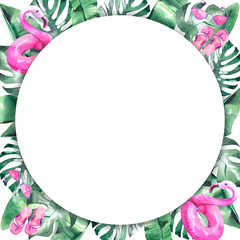 Round frames with palm leaves and flamingos swimming rings. Watercolor illustration