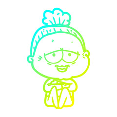 cold gradient line drawing cartoon happy old lady