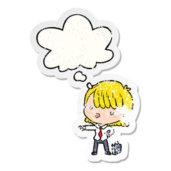 cartoon efficient businesswoman and thought bubble as a distressed worn sticker