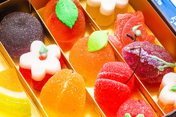 colorful sweet jelly fruits, coated with sugar