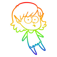rainbow gradient line drawing cartoon elf girl floating
