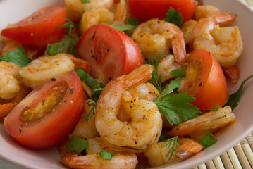 Salad with Royal prawns, red tomatoes, dill, parsley and green onions