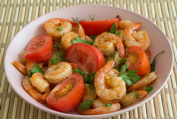 Salad with Royal prawns, red tomatoes, dill, parsley and green onions