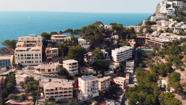 Aerial View Of Luxury Apartments & Villas On A Cliff In Mallorca, Spain.
