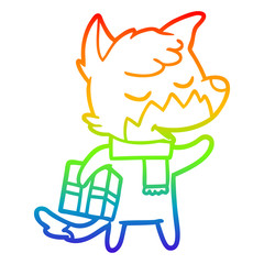 rainbow gradient line drawing friendly cartoon fox with christmas present