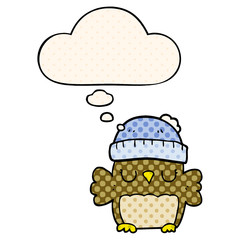 cute cartoon owl in hat and thought bubble in comic book style