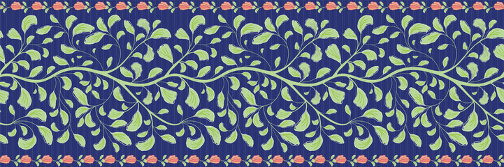 Beautiful indian floral border design with coral flowers and green foliage. Seamless vector pattern on striped blue background. Great for wellbeing, cosmetic products, summer, packaging,stationery