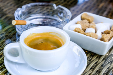 Cup of Italian Style Espresso Coffee With A Sugar Bowl