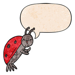 cute cartoon ladybug and speech bubble in retro texture style